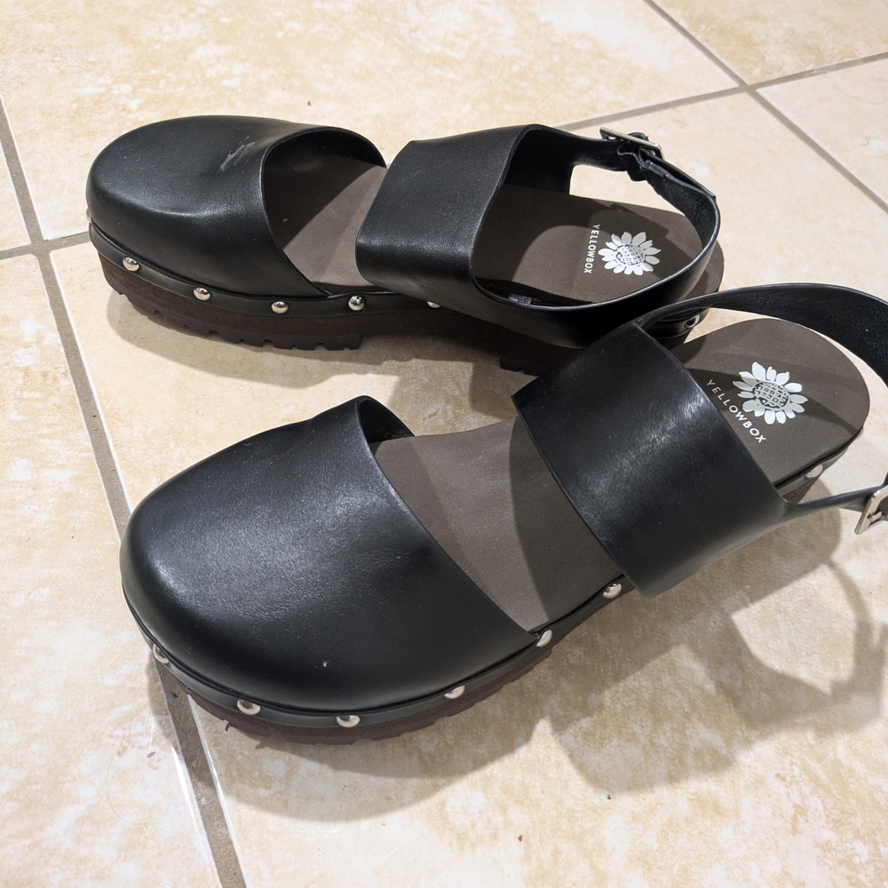 Yellow Box Black Clogs